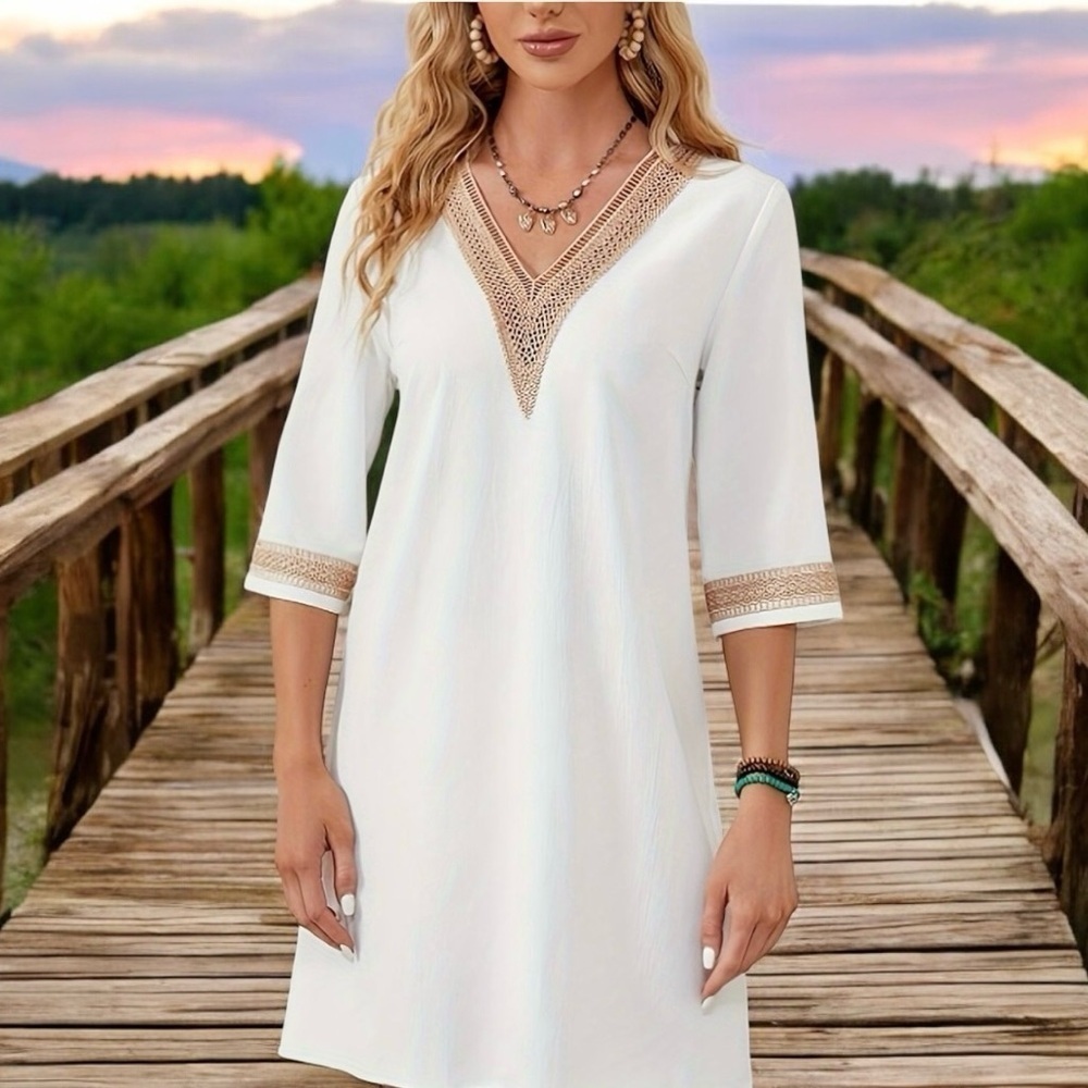 Noracora Women Size S
Cotton Shift Dress Mid Sleeve
Cream Embroidered Lace
Neck